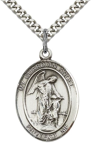 STERLING SILVER GUARDIAN ANGEL PENDANT ON A CHAIN - 1" x 3/4"